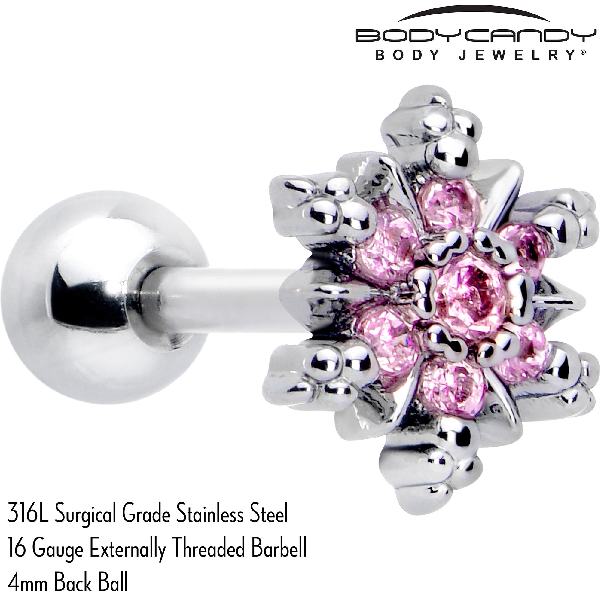 BodyCandy 16G 1/4 Pink CZ Gem Glam Snowflake Cartilage Tragus Earring — detail close-up