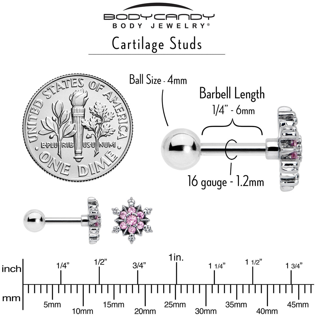BodyCandy 16G 1/4 Pink CZ Gem Glam Snowflake Cartilage Tragus Earring — back view
