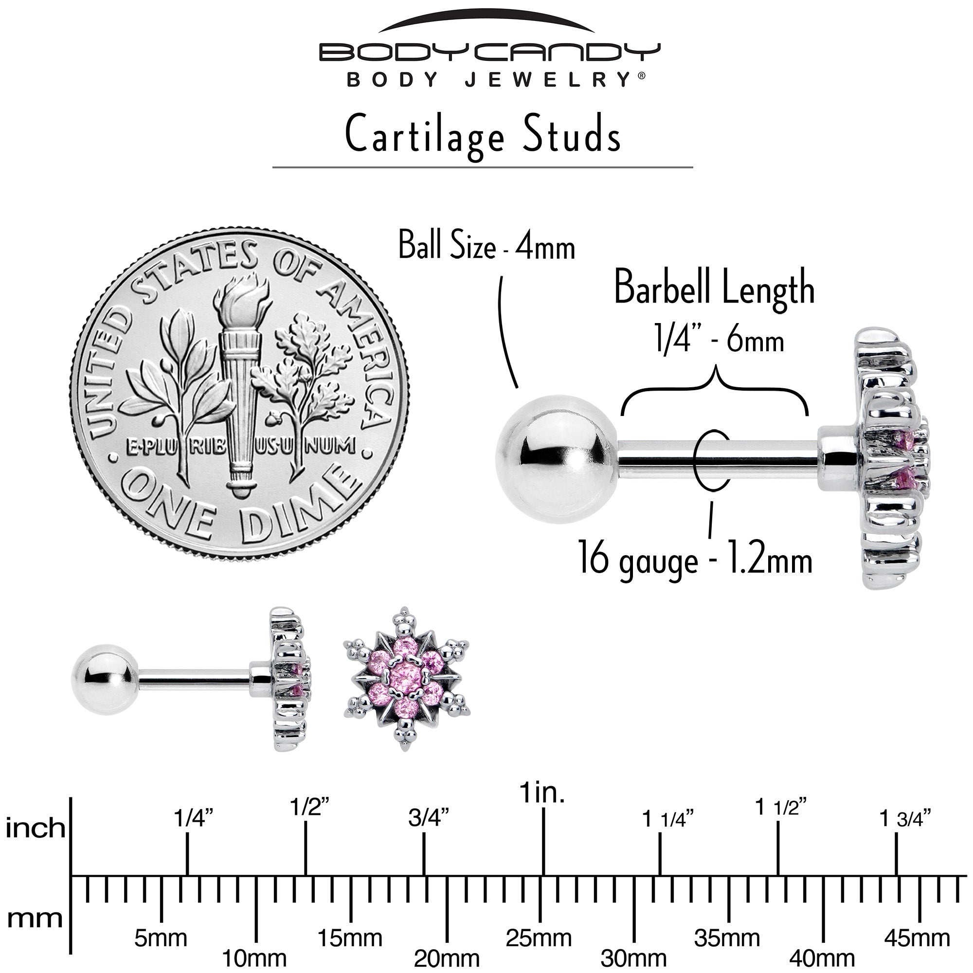 BodyCandy 16G 1/4 Pink CZ Gem Glam Snowflake Cartilage Tragus Earring — back view