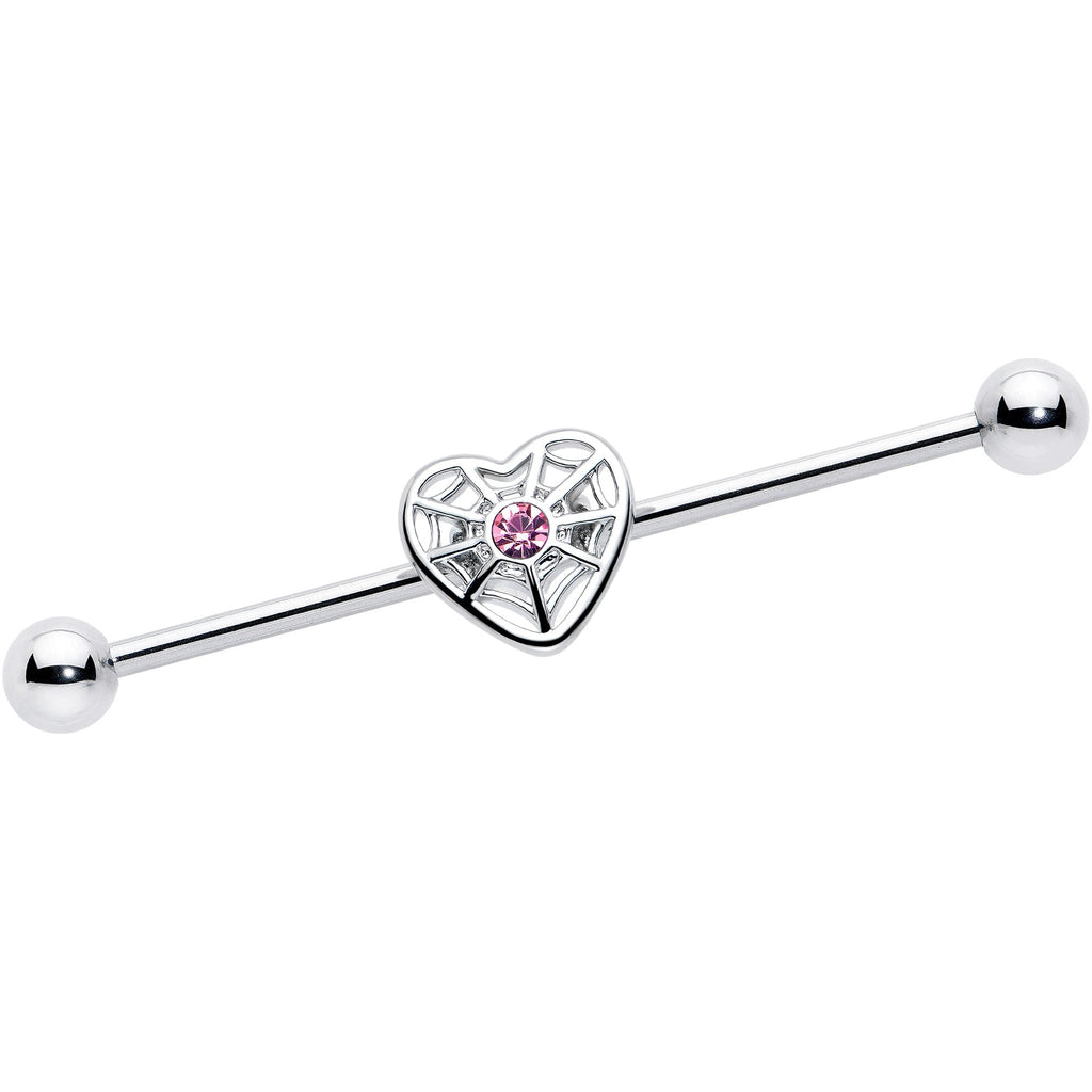 BodyCandy 14G Pink Gem Spiderweb Heart Love Industrial Barbell 38mm — main product shot