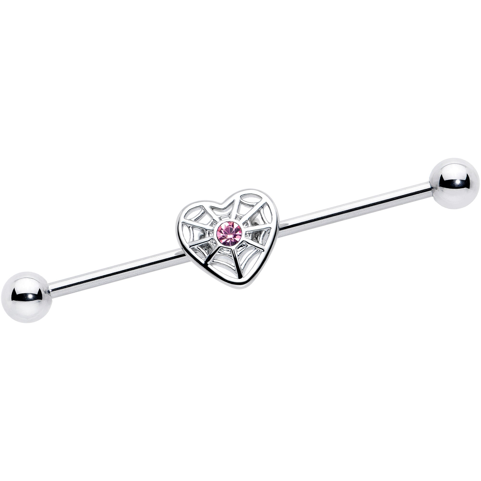 BodyCandy 14G Pink Gem Spiderweb Heart Love Industrial Barbell 38mm — main product shot