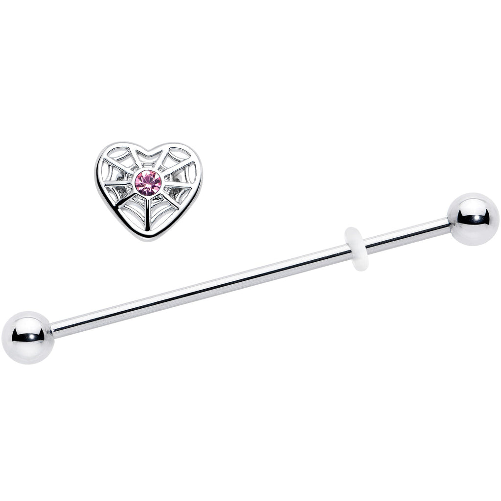 BodyCandy 14G Pink Gem Spiderweb Heart Love Industrial Barbell 38mm — detail close-up