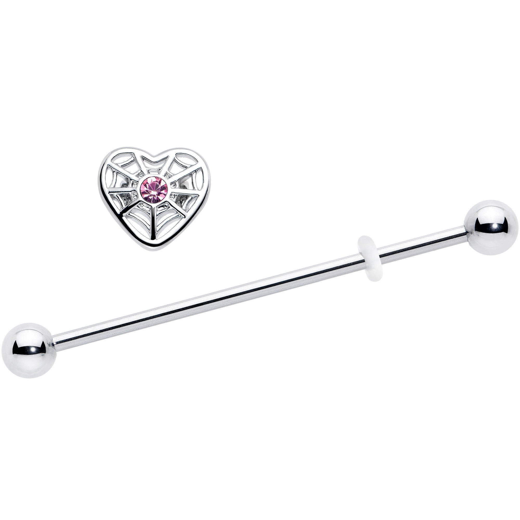 BodyCandy 14G Pink Gem Spiderweb Heart Love Industrial Barbell 38mm — detail close-up