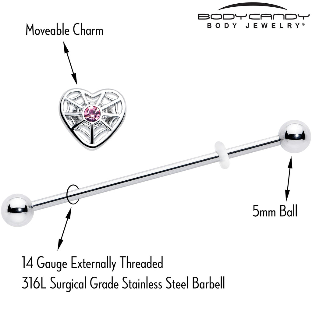 BodyCandy 14G Pink Gem Spiderweb Heart Love Industrial Barbell 38mm — side view