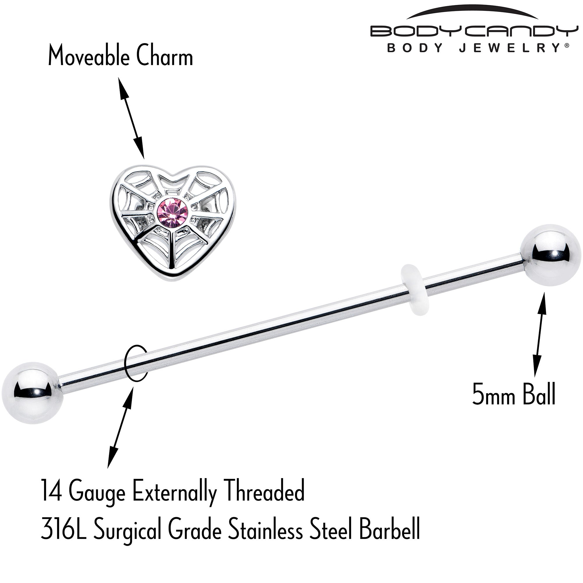 BodyCandy 14G Pink Gem Spiderweb Heart Love Industrial Barbell 38mm — side view