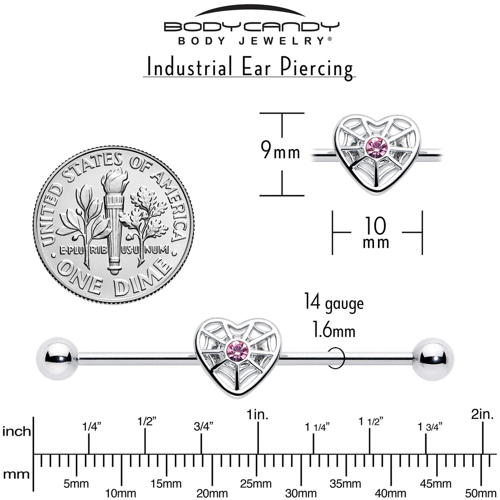 BodyCandy 14G Pink Gem Spiderweb Heart Love Industrial Barbell 38mm — back view