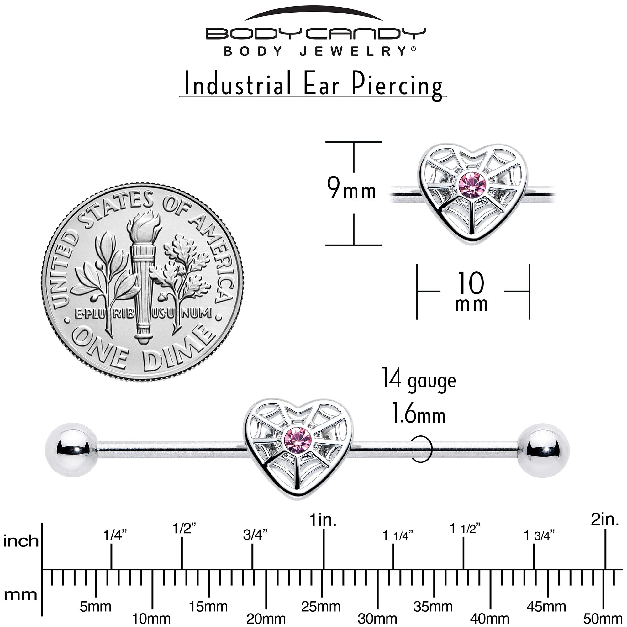 BodyCandy 14G Pink Gem Spiderweb Heart Love Industrial Barbell 38mm — back view