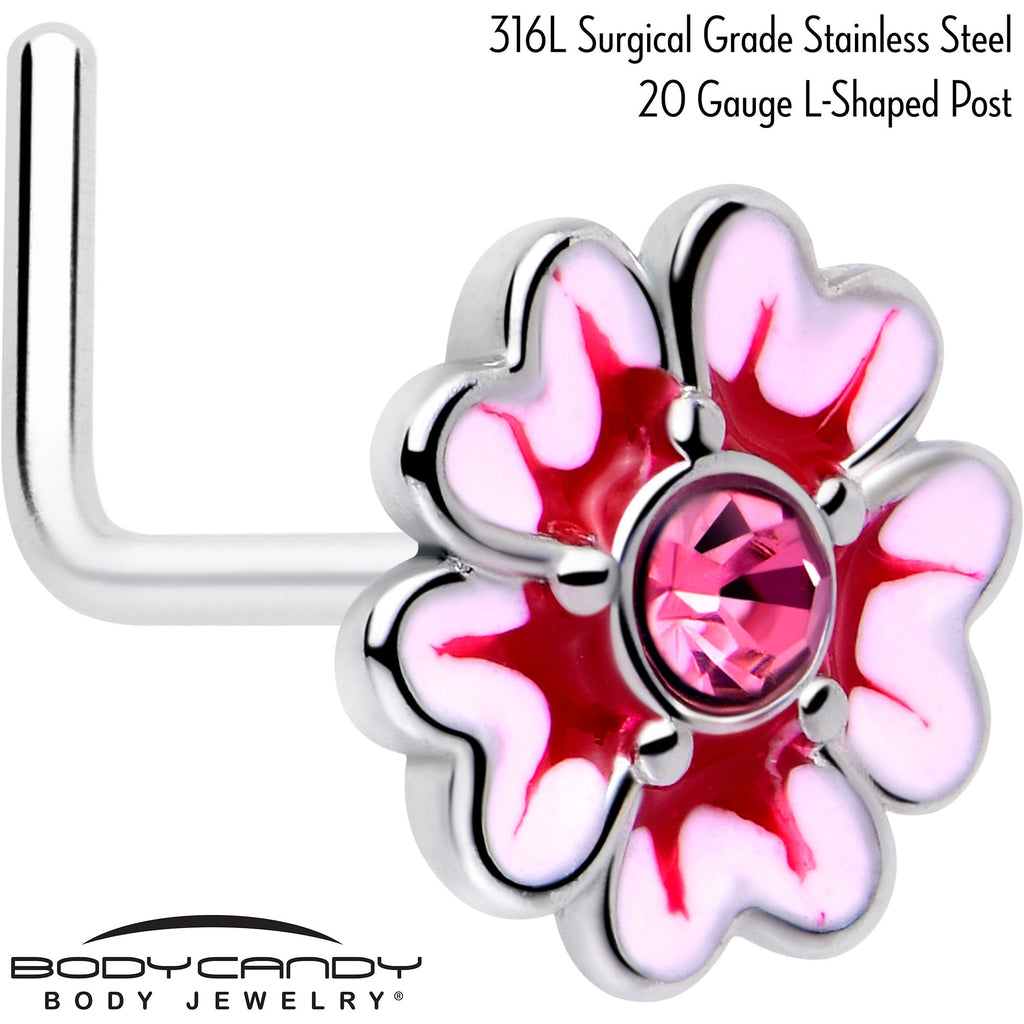 BodyCandy 20G 5/16 Pink CZ Gem Dainty Pink Flower L Shape Nose Ring — detail close-up