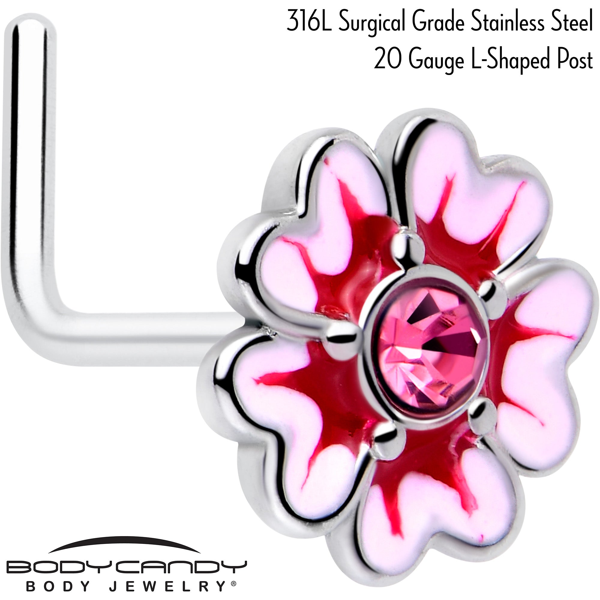 BodyCandy 20G 5/16 Pink CZ Gem Dainty Pink Flower L Shape Nose Ring — detail close-up
