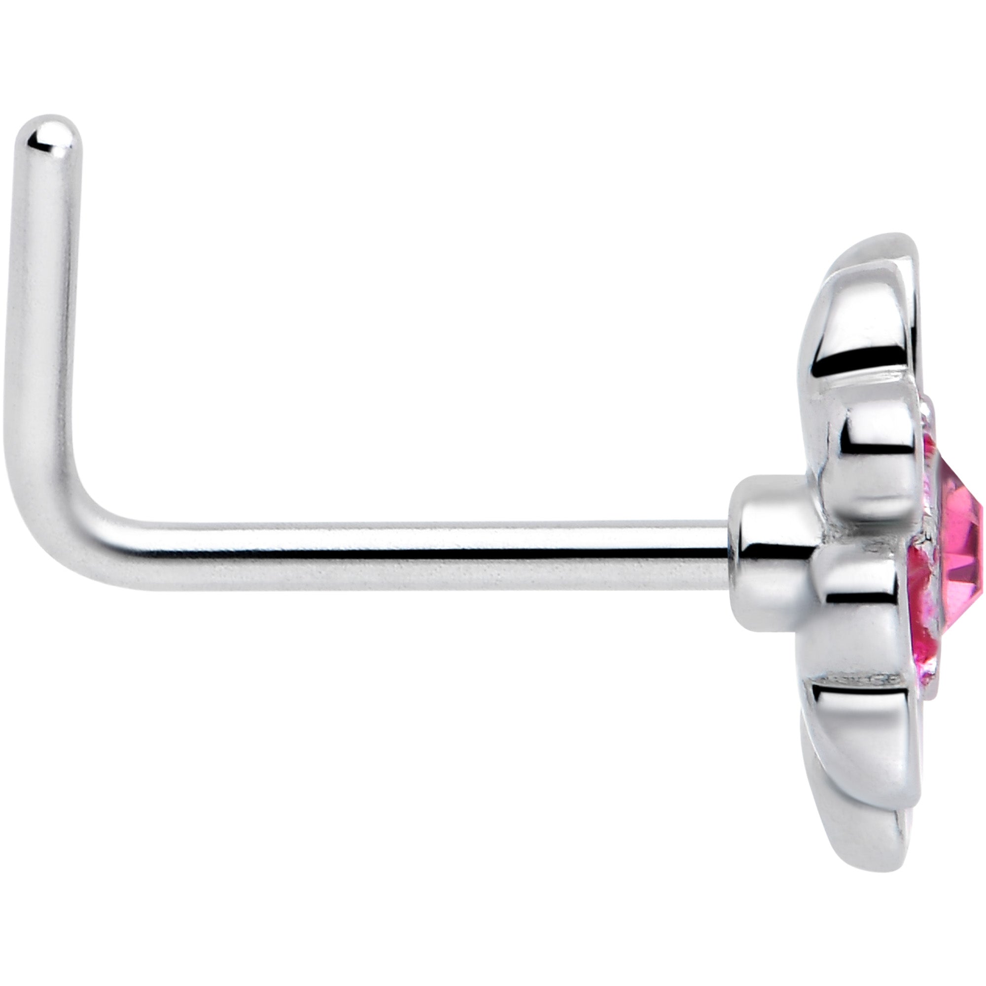 BodyCandy 20G 5/16 Pink CZ Gem Dainty Pink Flower L Shape Nose Ring — side view