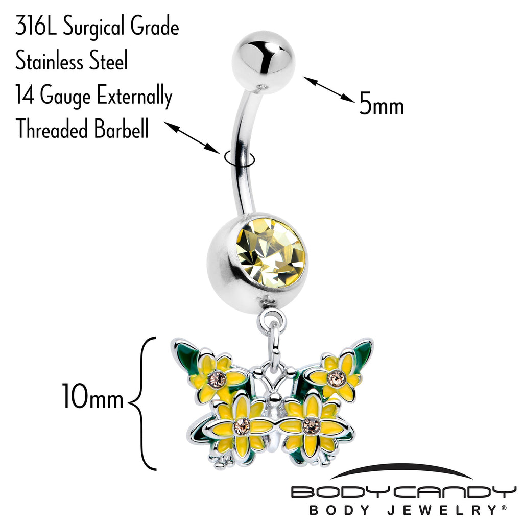 BodyCandy Yellow CZ Gem Blooming Butterfly Dangle Belly Ring — detail close-up