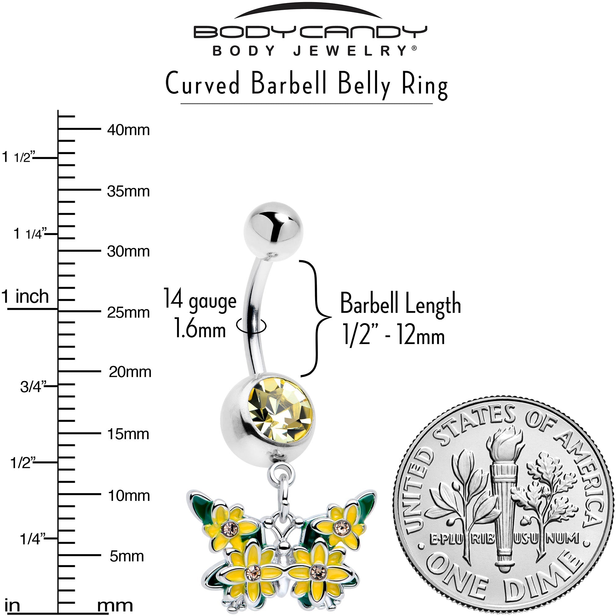 BodyCandy Yellow CZ Gem Blooming Butterfly Dangle Belly Ring — lifestyle context