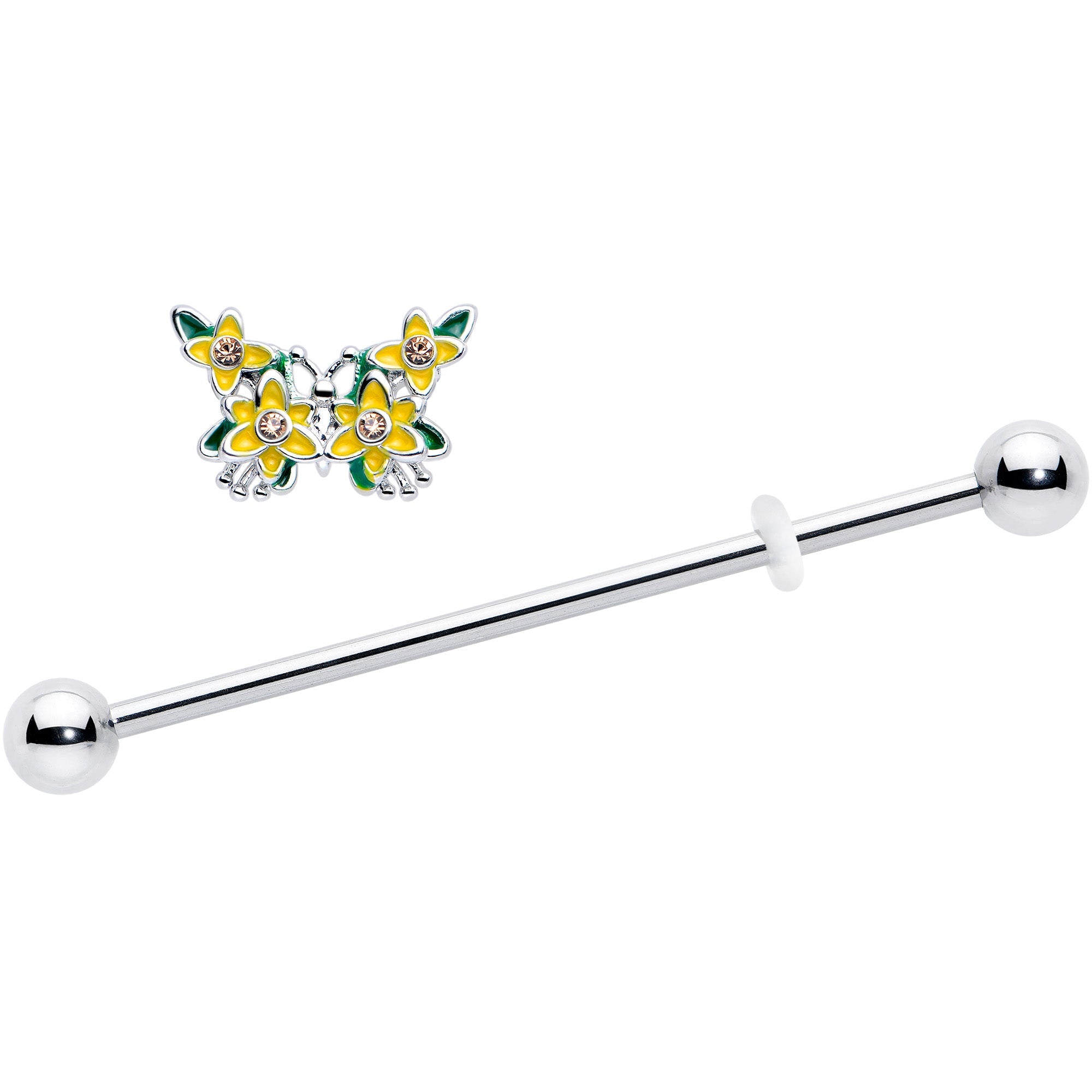 BodyCandy 14G Yellow CZ Gem Blooming Butterfly Industrial Barbell 38mm — detail close-up