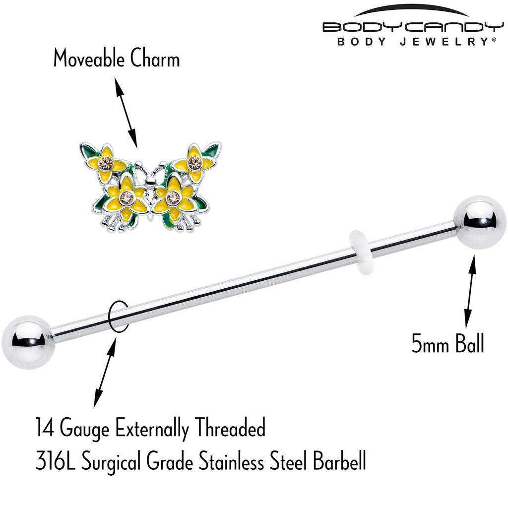 BodyCandy 14G Yellow CZ Gem Blooming Butterfly Industrial Barbell 38mm — side view