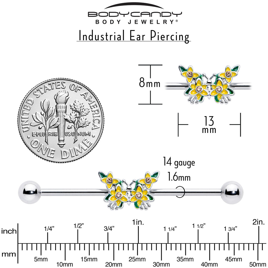 BodyCandy 14G Yellow CZ Gem Blooming Butterfly Industrial Barbell 38mm — back view