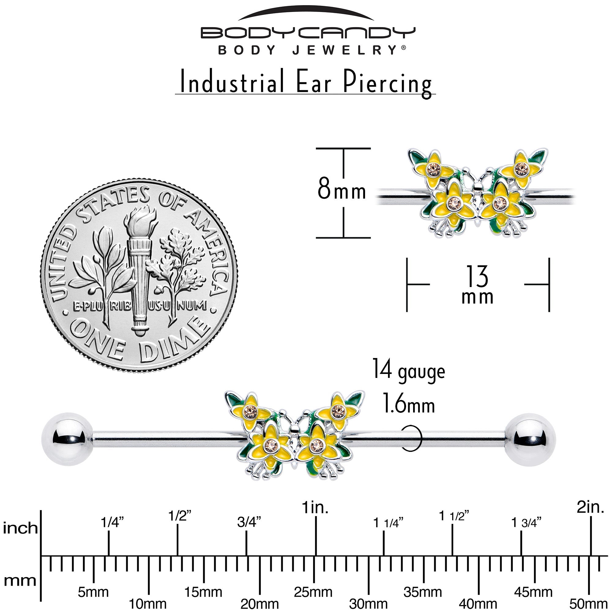 BodyCandy 14G Yellow CZ Gem Blooming Butterfly Industrial Barbell 38mm — back view