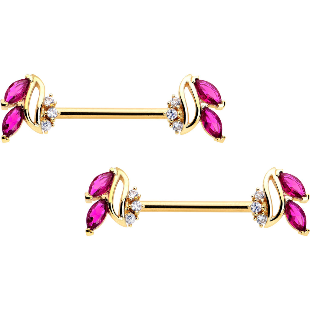 BodyCandy 14G 9/16 Red CZ Gem Gold Tone Swirl Fan Barbell Nipple Ring Set — main product shot