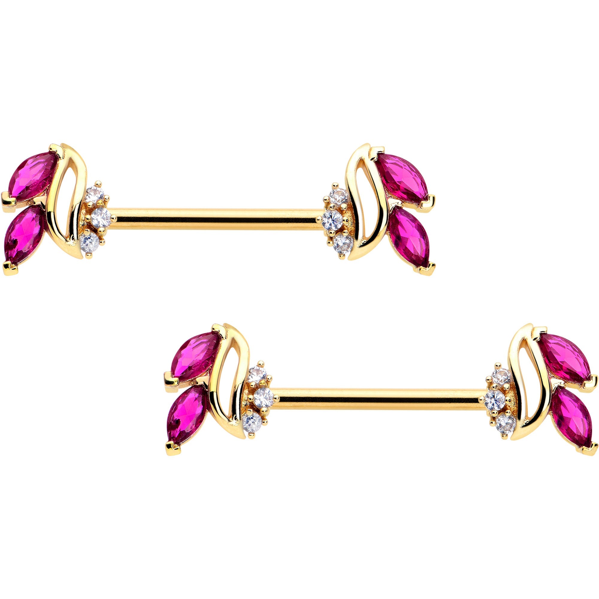 BodyCandy 14G 9/16 Red CZ Gem Gold Tone Swirl Fan Barbell Nipple Ring Set — main product shot