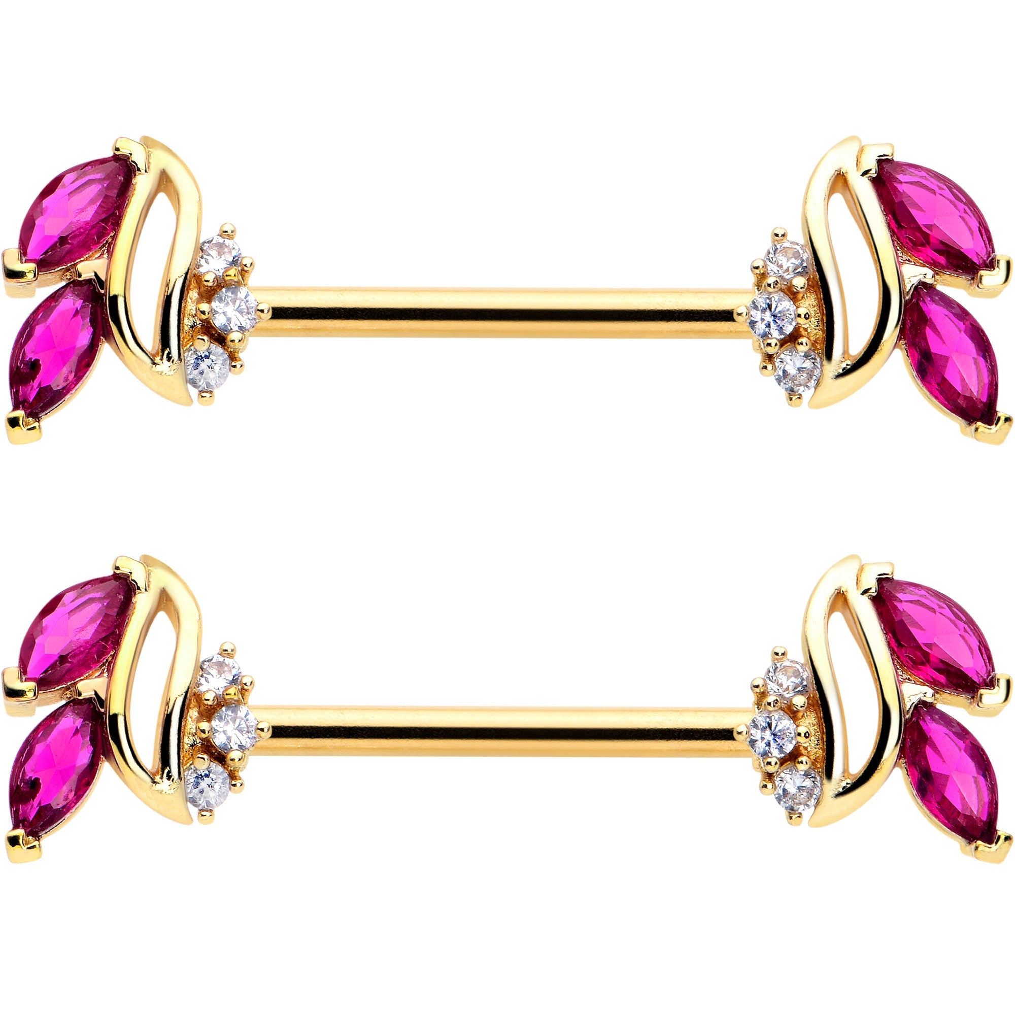 BodyCandy 14G 9/16 Red CZ Gem Gold Tone Swirl Fan Barbell Nipple Ring Set — detail close-up
