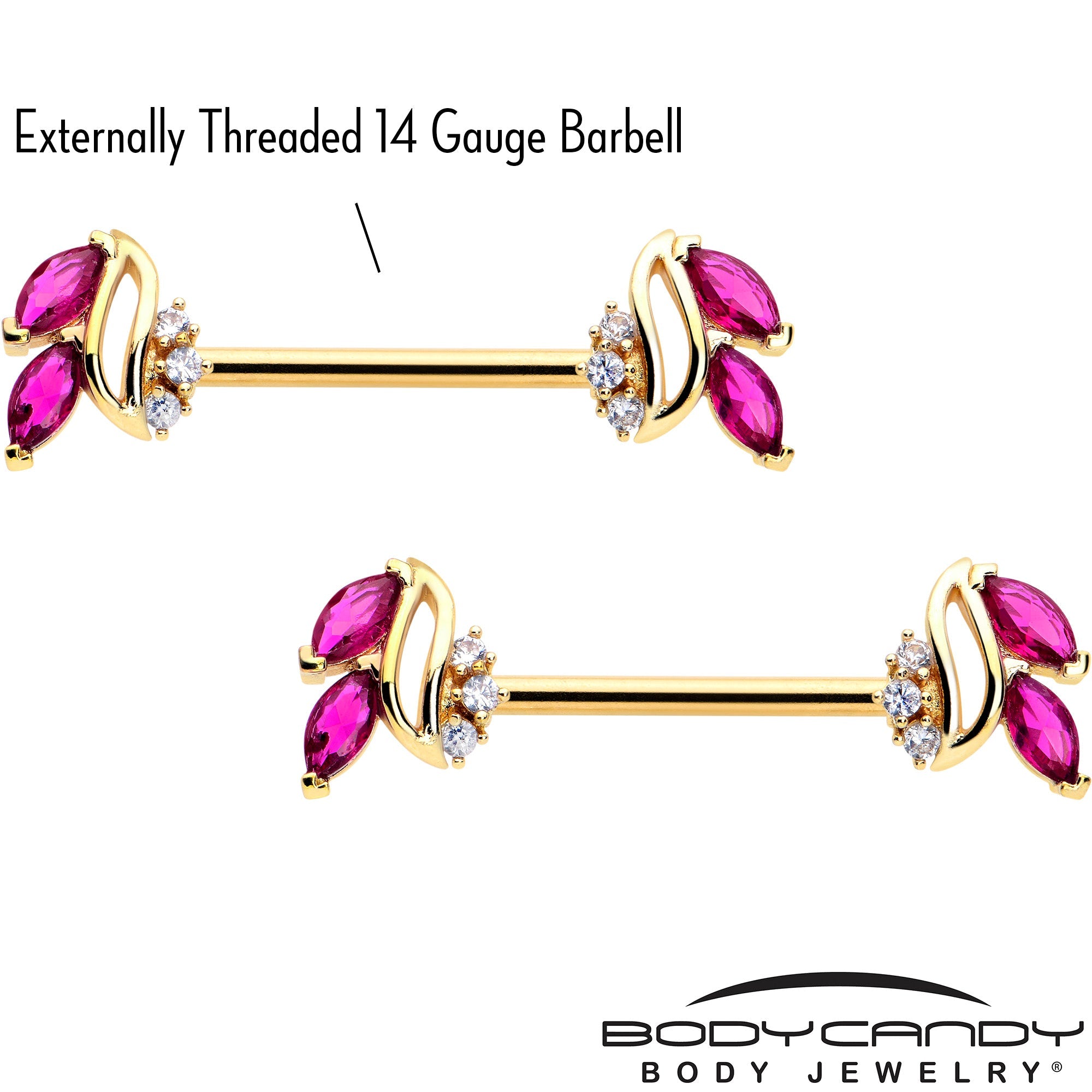 BodyCandy 14G 9/16 Red CZ Gem Gold Tone Swirl Fan Barbell Nipple Ring Set — lifestyle context