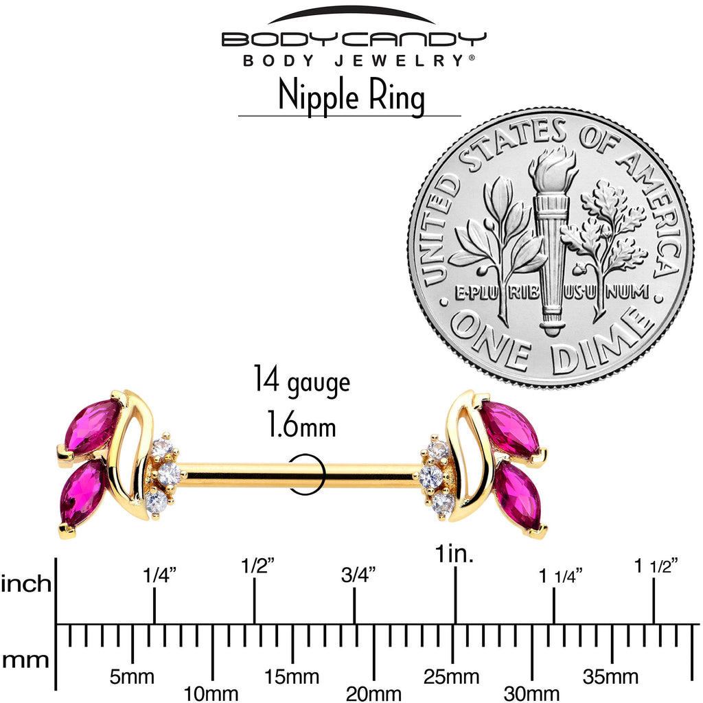 BodyCandy 14G 9/16 Red CZ Gem Gold Tone Swirl Fan Barbell Nipple Ring Set — side view