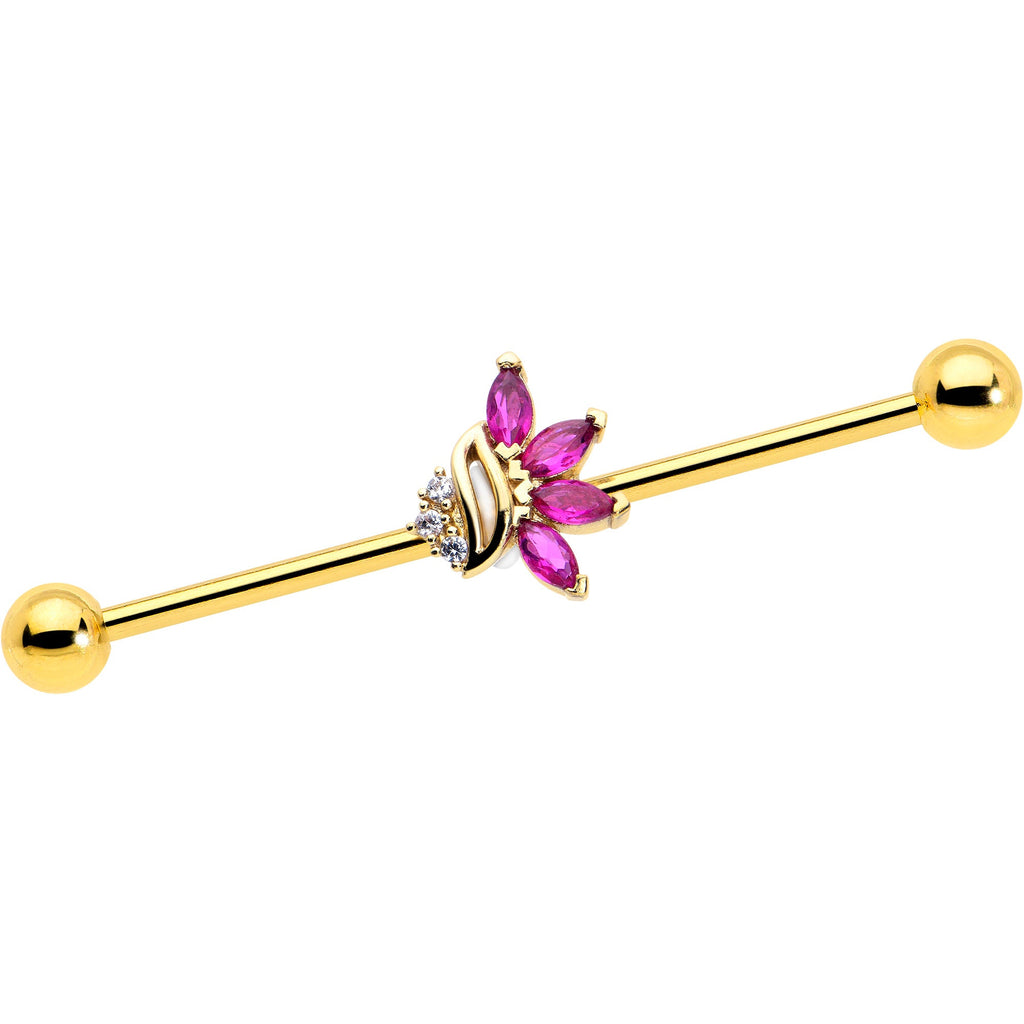 BodyCandy 14G Red CZ Gem Gold Tone Swirl Fan Industrial Barbell 38mm — main product shot