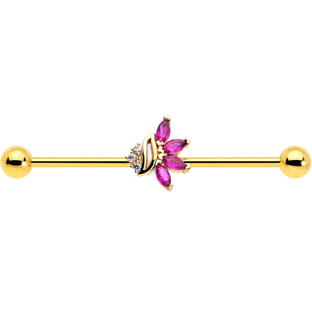 BodyCandy 14G Red CZ Gem Gold Tone Swirl Fan Industrial Barbell 38mm — detail close-up