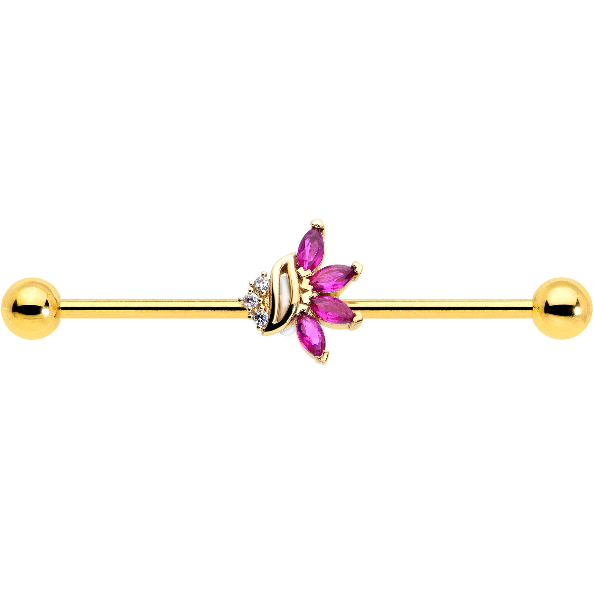 BodyCandy 14G Red CZ Gem Gold Tone Swirl Fan Industrial Barbell 38mm — detail close-up