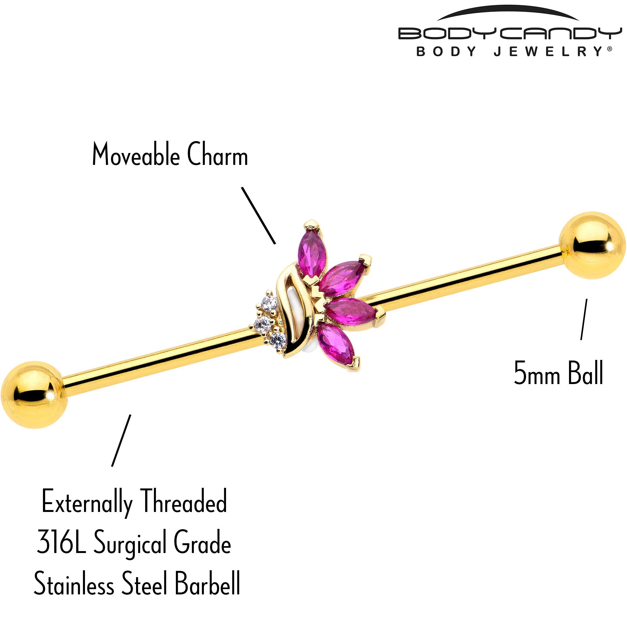 BodyCandy 14G Red CZ Gem Gold Tone Swirl Fan Industrial Barbell 38mm — lifestyle context