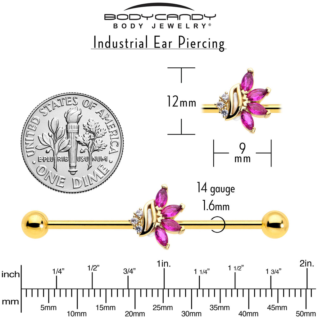 BodyCandy 14G Red CZ Gem Gold Tone Swirl Fan Industrial Barbell 38mm — side view