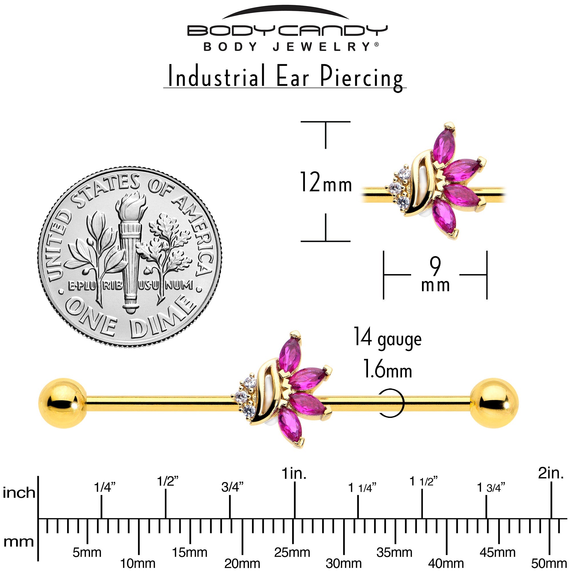 BodyCandy 14G Red CZ Gem Gold Tone Swirl Fan Industrial Barbell 38mm — side view