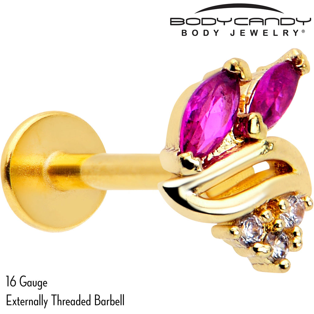 BodyCandy 16G 5/16 Red CZ Gem Gold Tone Swirl Fan Labret Monroe Tragus — side view