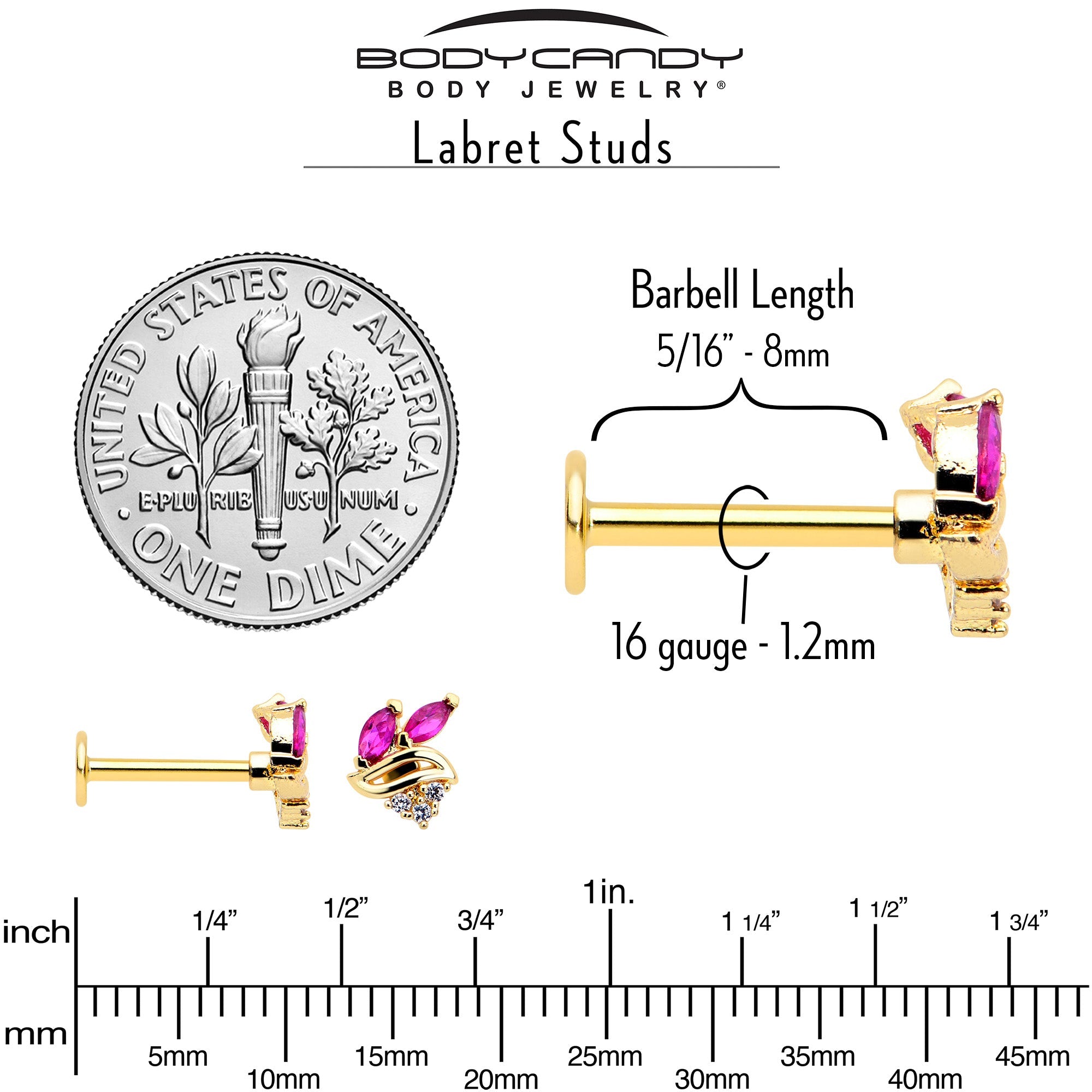 BodyCandy 16G 5/16 Red CZ Gem Gold Tone Swirl Fan Labret Monroe Tragus — back view