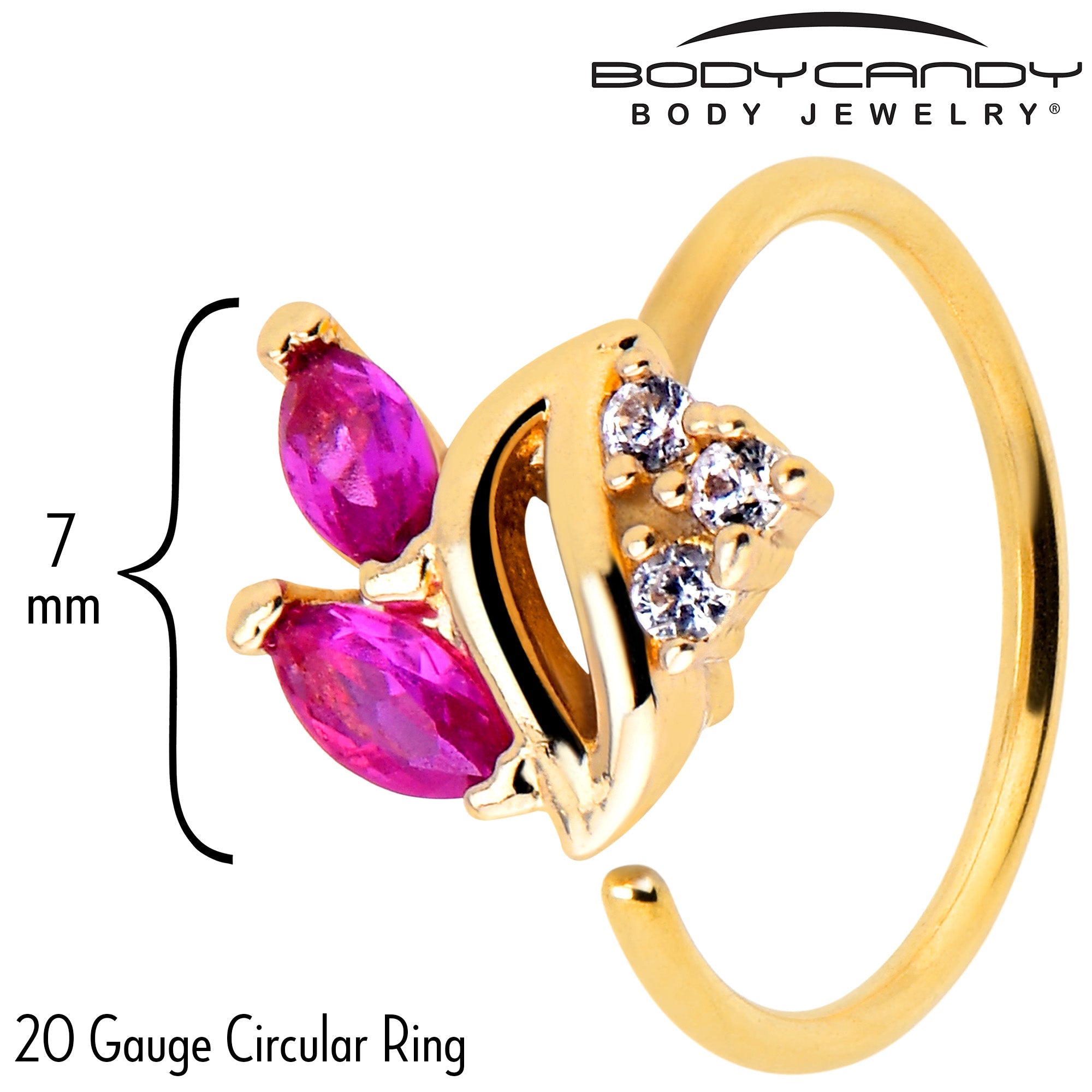 BodyCandy 20G 5/16 Red CZ Gem Gold Tone Swirl Fan Nose Hoop — side view
