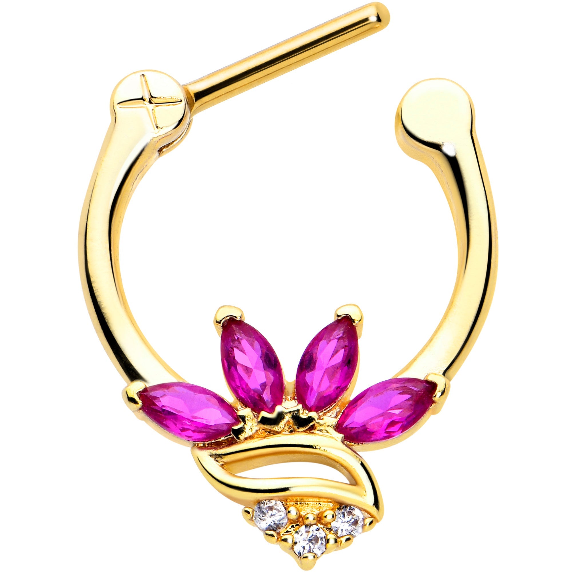 BodyCandy 16G 5/16 Red CZ Gem Gold Tone Swirl Fan Cartilage Clicker — detail close-up