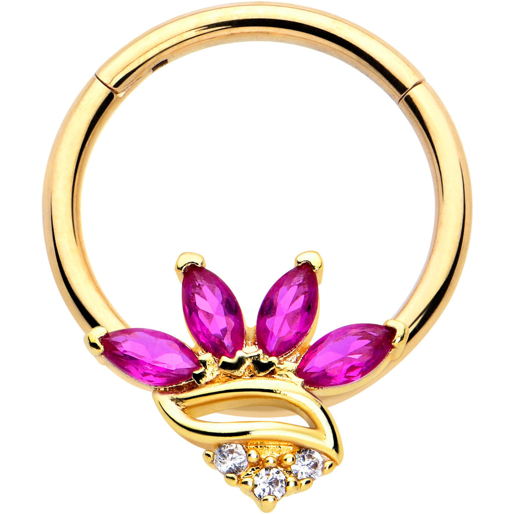BodyCandy 16G 3/8 Red CZ Gem Gold Tone Swirl Fan Hinged Segment Ring — main product shot