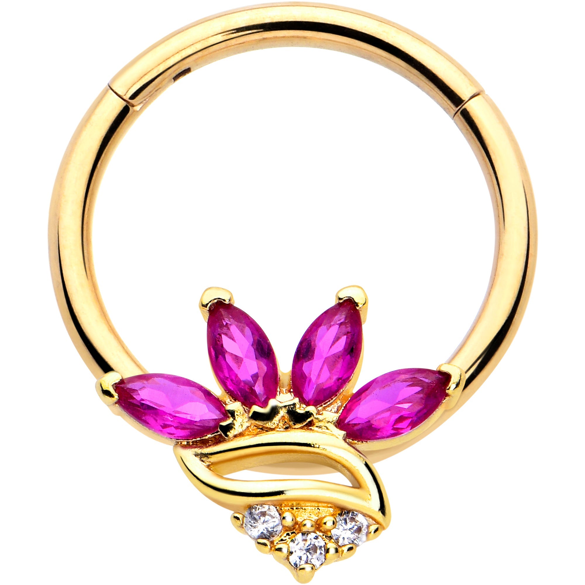 BodyCandy 16G 3/8 Red CZ Gem Gold Tone Swirl Fan Hinged Segment Ring — main product shot