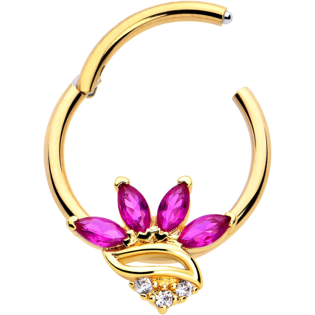 BodyCandy 16G 3/8 Red CZ Gem Gold Tone Swirl Fan Hinged Segment Ring — detail close-up