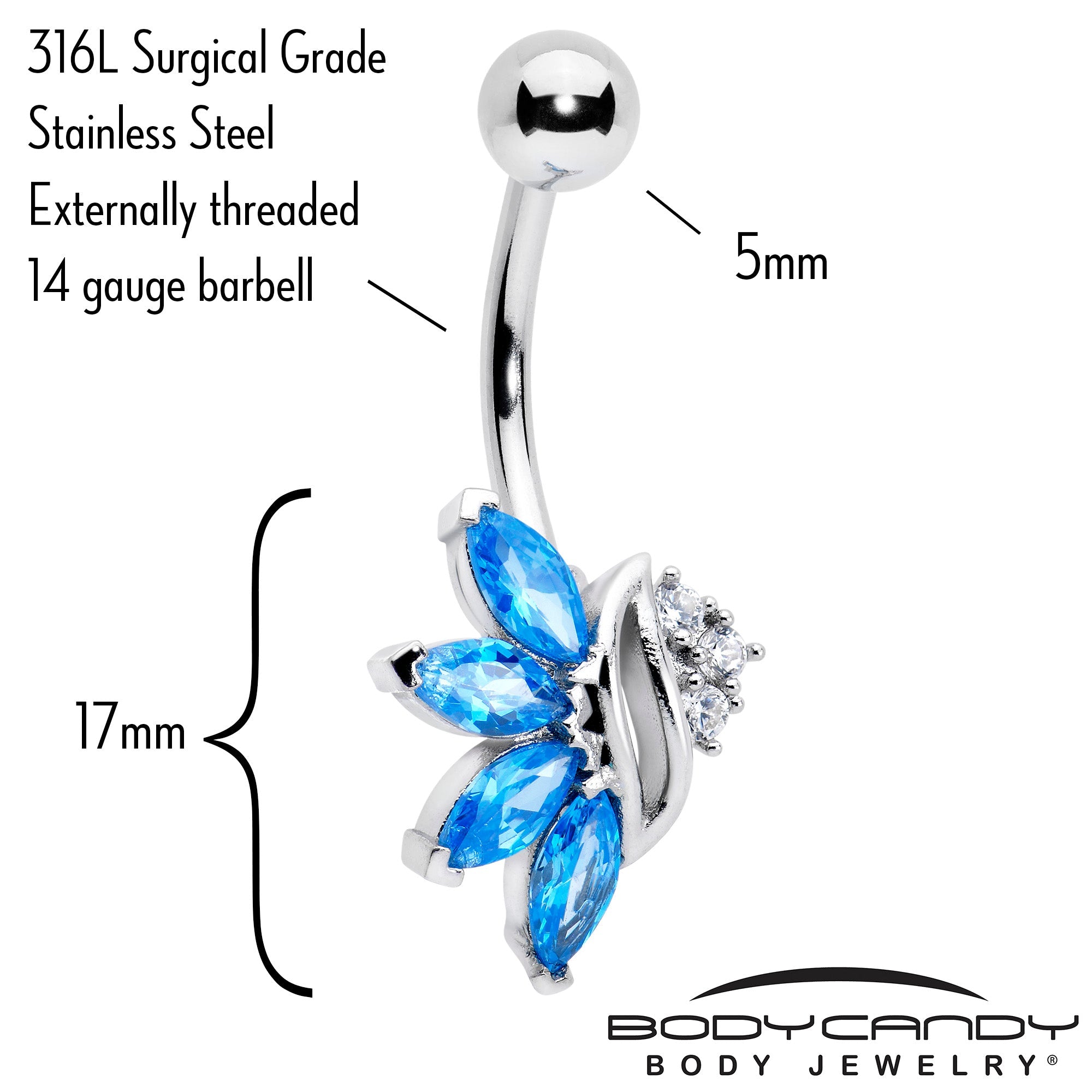 BodyCandy Blue CZ Gem Swirl Fan Belly Ring — detail close-up