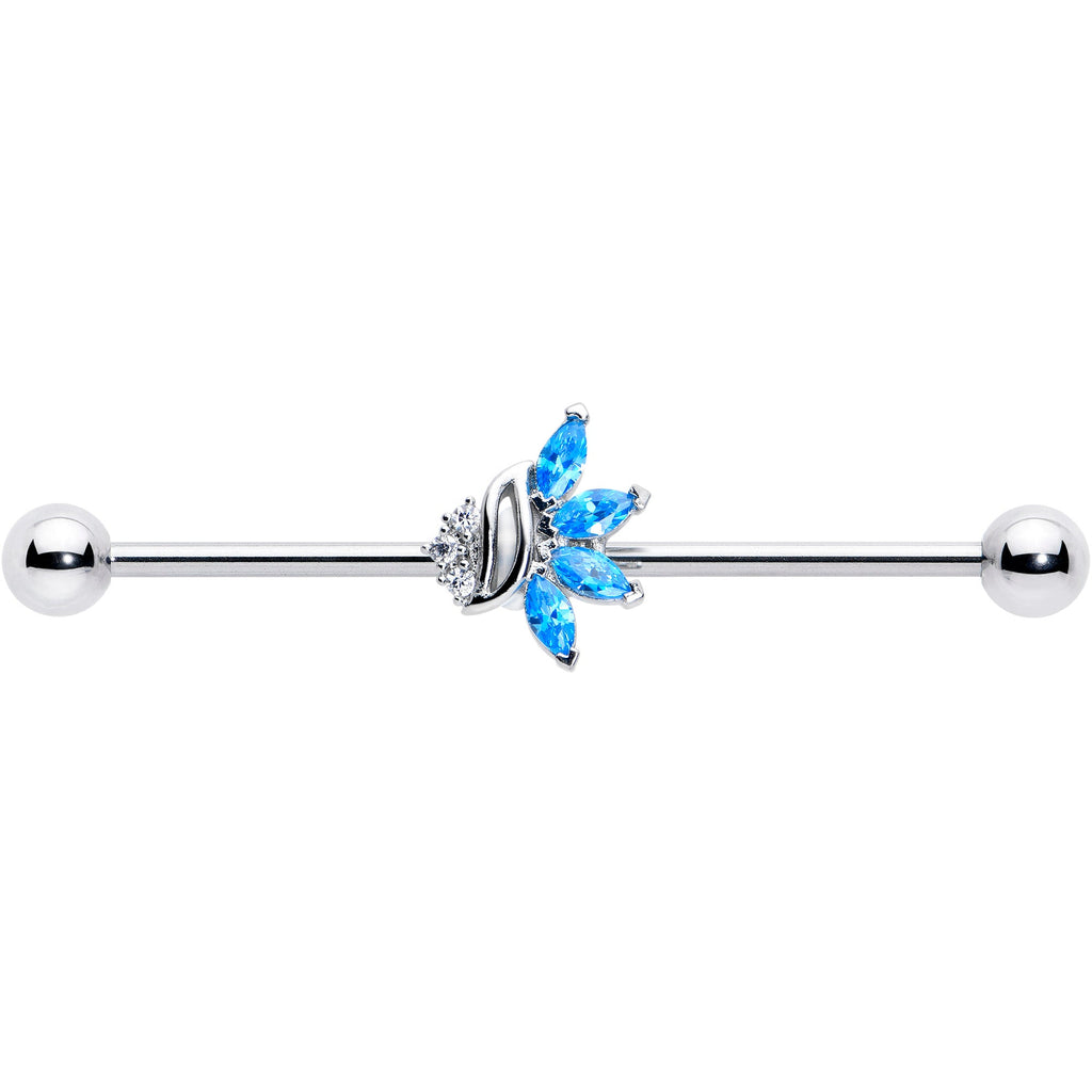 BodyCandy 14G Blue CZ Gem Swirl Fan Industrial Barbell 38mm — detail close-up