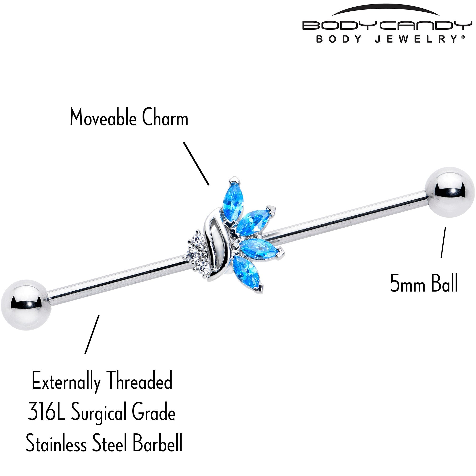BodyCandy 14G Blue CZ Gem Swirl Fan Industrial Barbell 38mm — lifestyle context