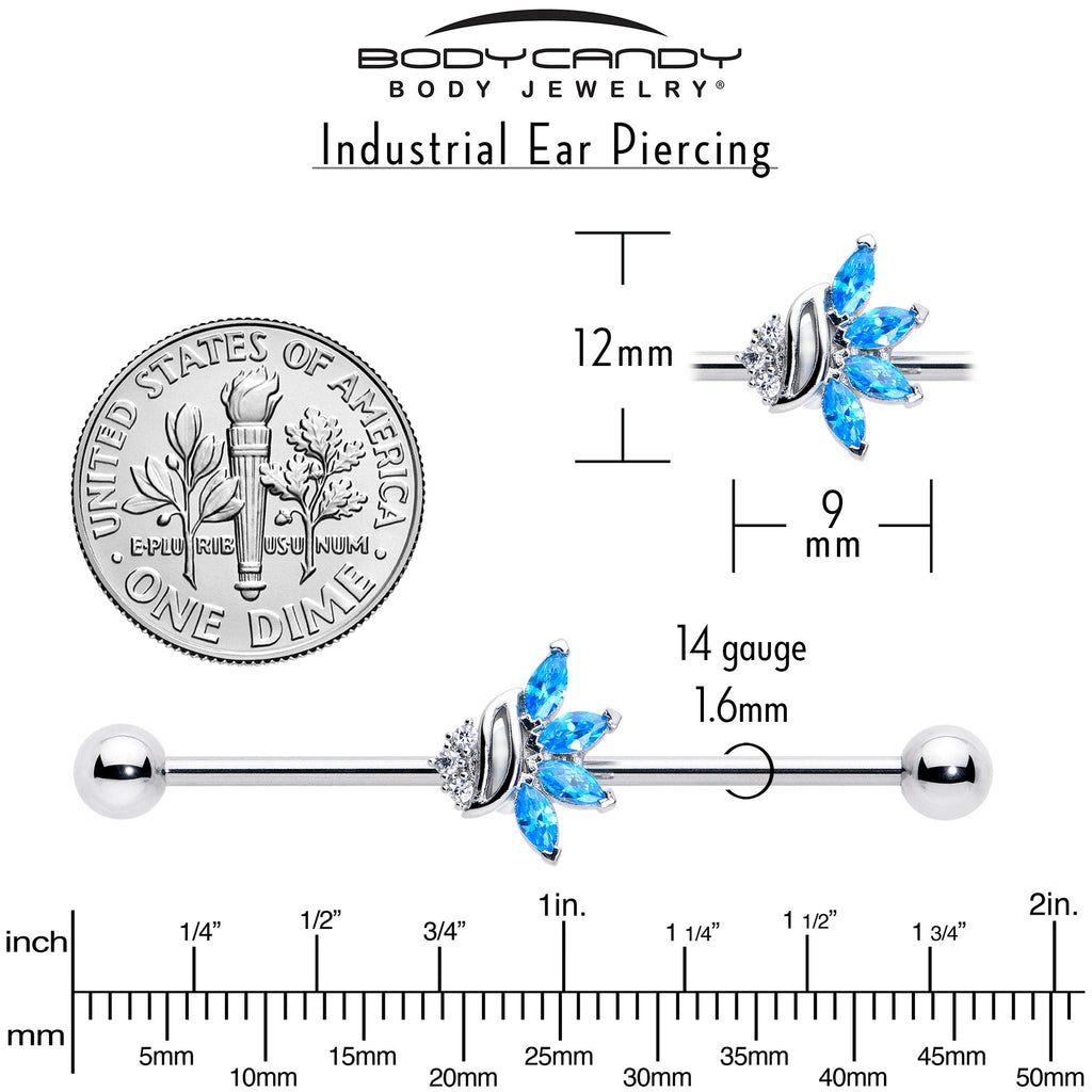 BodyCandy 14G Blue CZ Gem Swirl Fan Industrial Barbell 38mm — side view