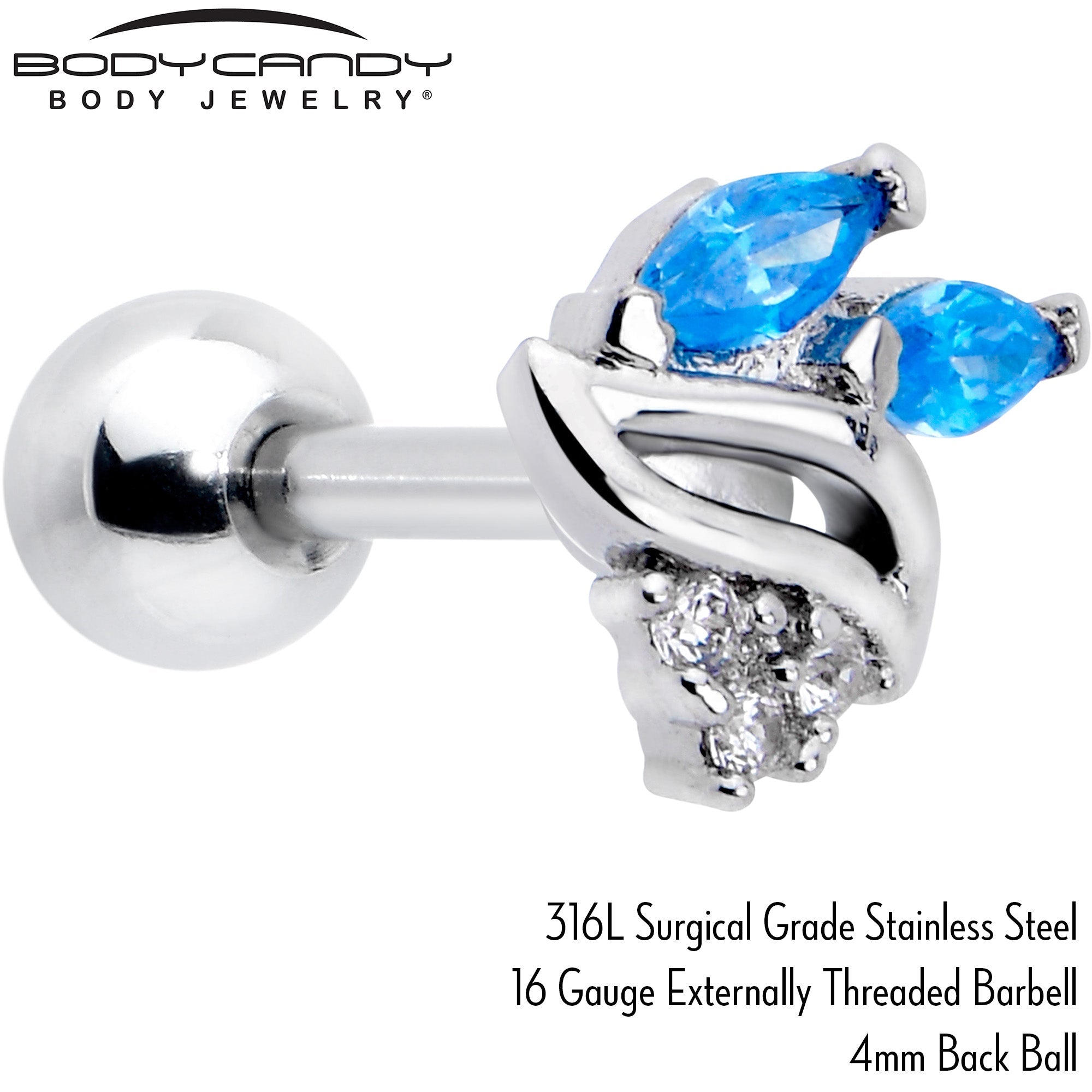 BodyCandy 16G 1/4 Blue CZ Gem Swirl Fan Cartilage Tragus Earring — side view