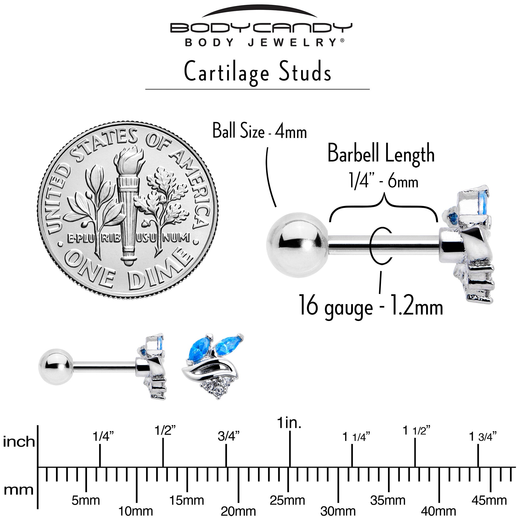 BodyCandy 16G 1/4 Blue CZ Gem Swirl Fan Cartilage Tragus Earring — back view