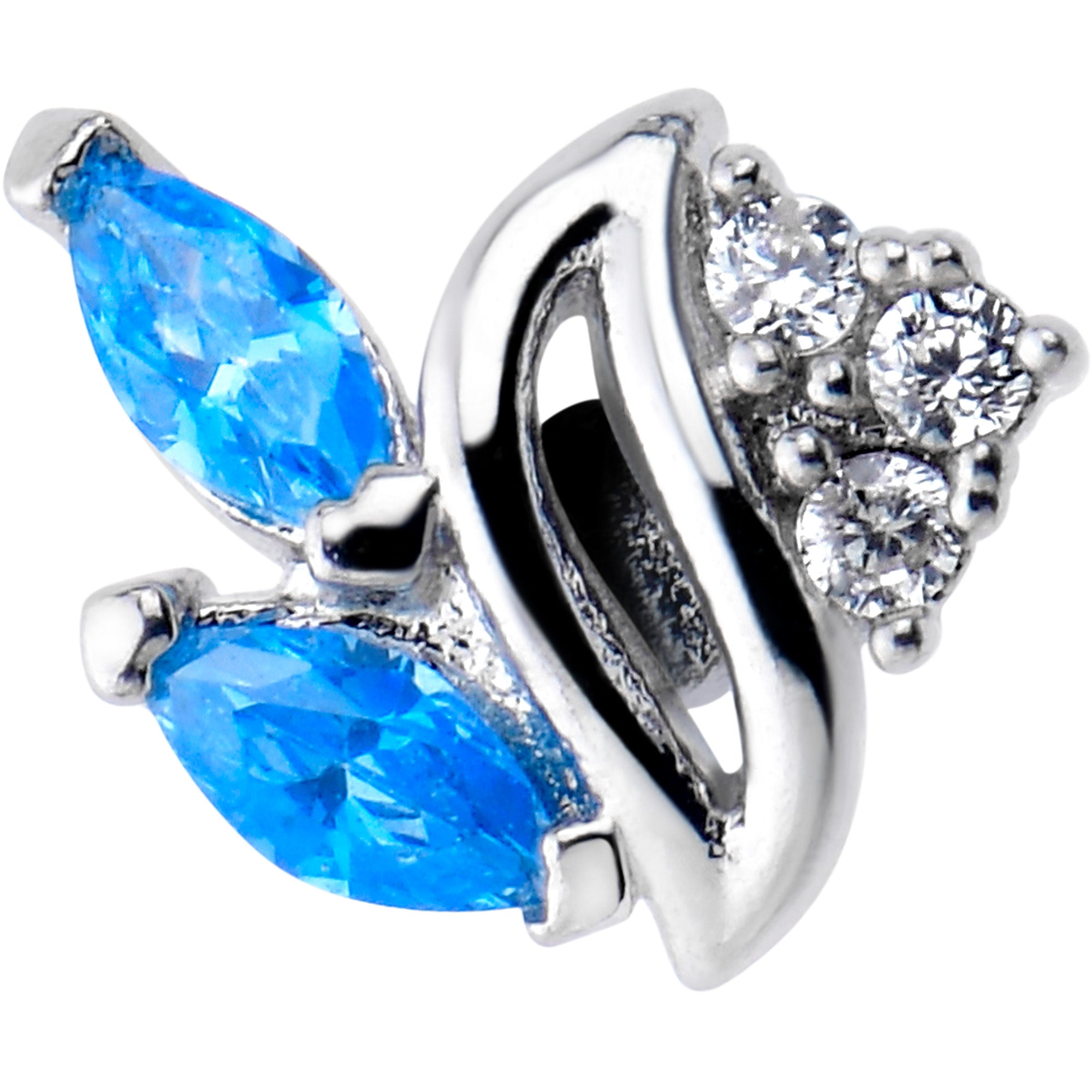 BodyCandy 20G 7mm Blue CZ Gem Swirl Fan L Shape Nose Ring — detail close-up