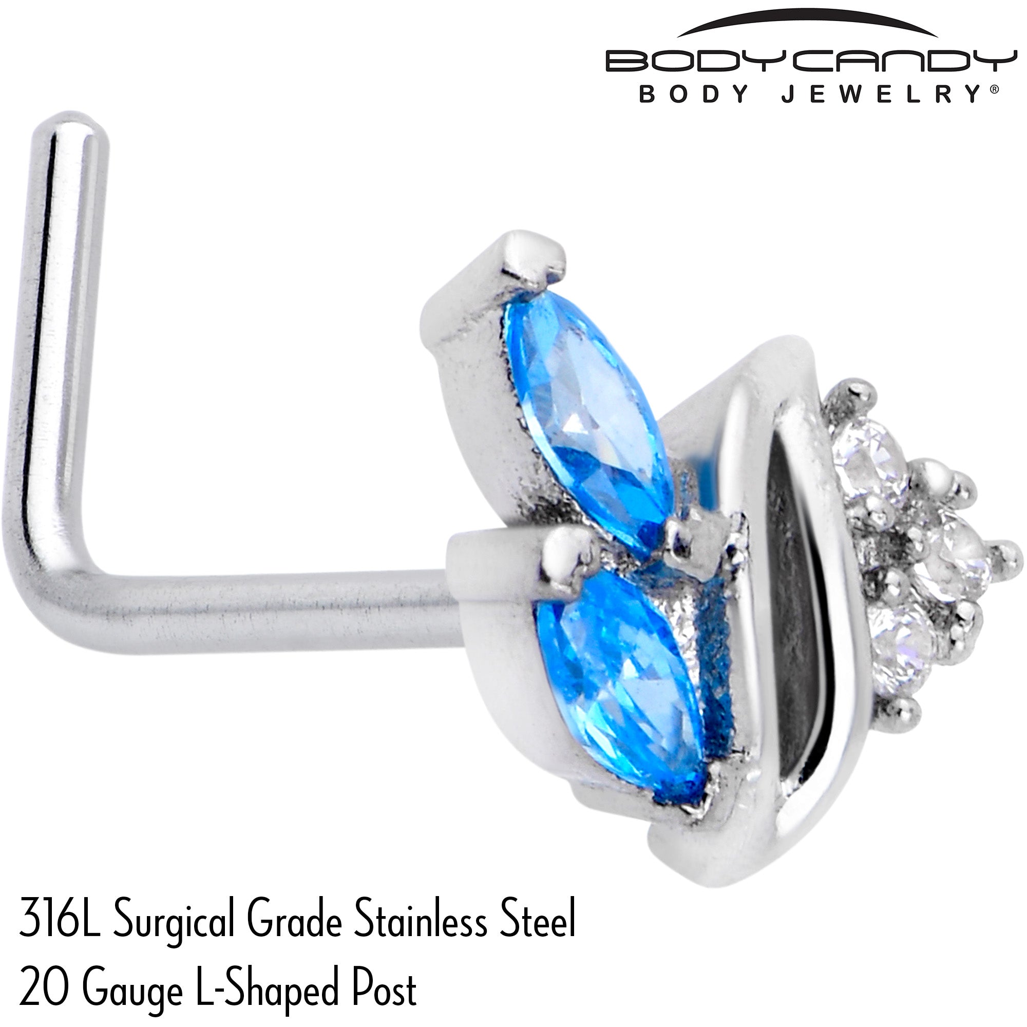 BodyCandy 20G 7mm Blue CZ Gem Swirl Fan L Shape Nose Ring — side view