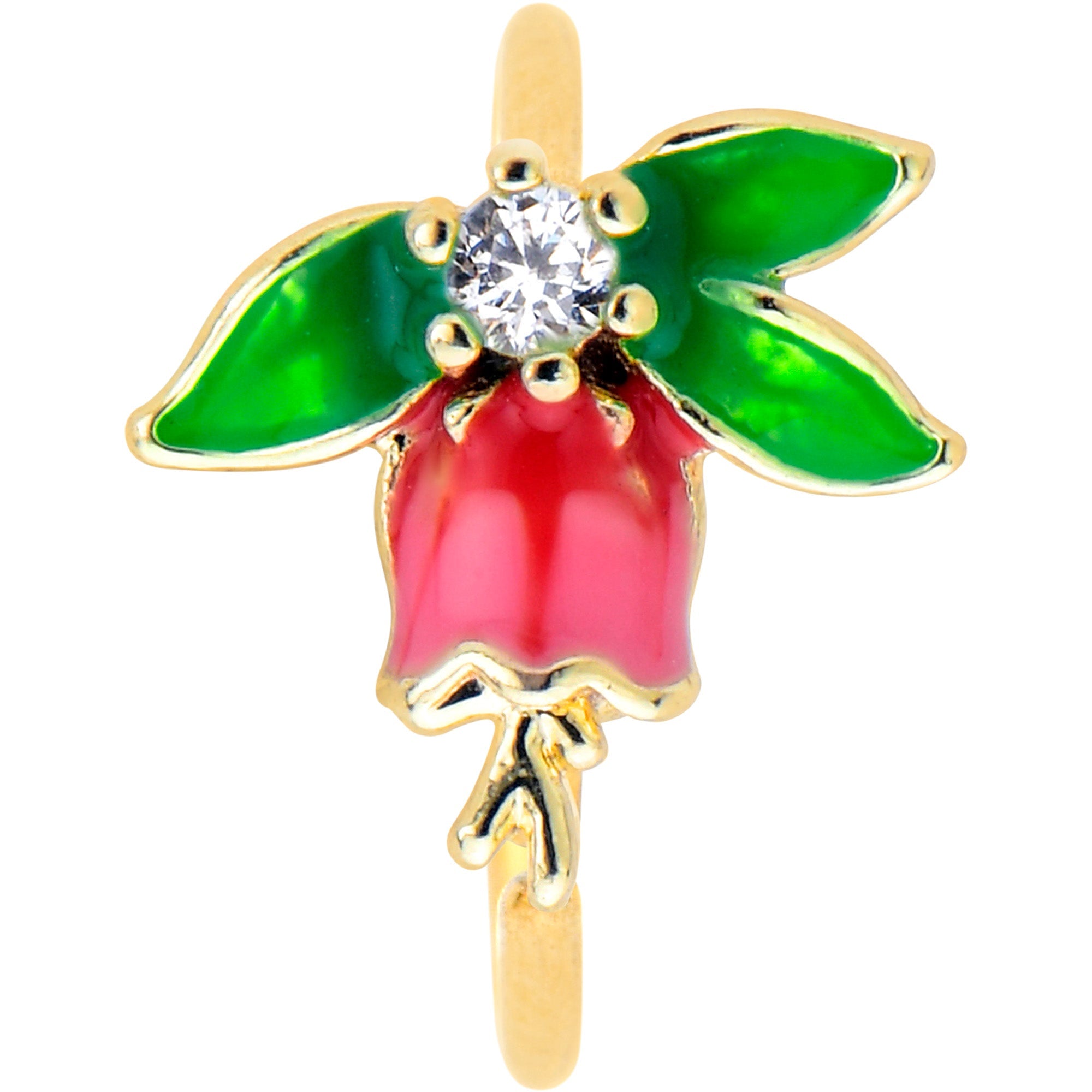 BodyCandy 20G 5/16 Clear CZ Gem Gold Tone Bell Flower Nose Hoop — detail close-up