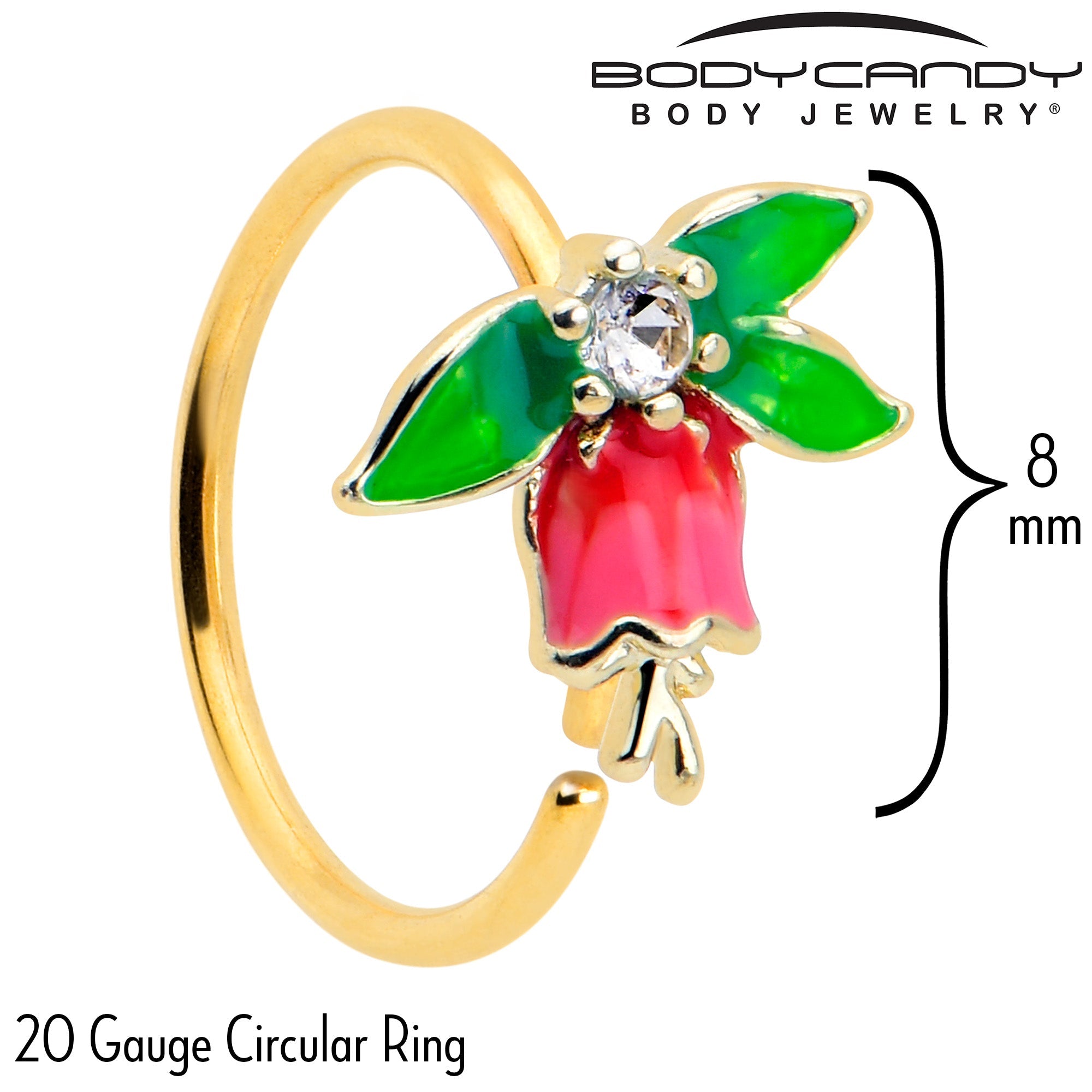 BodyCandy 20G 5/16 Clear CZ Gem Gold Tone Bell Flower Nose Hoop — side view