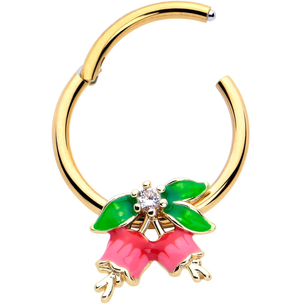 BodyCandy 16G 3/8 Clear CZ Gem Gold Tone Bell Flowers Hinged Segment Ring — detail close-up