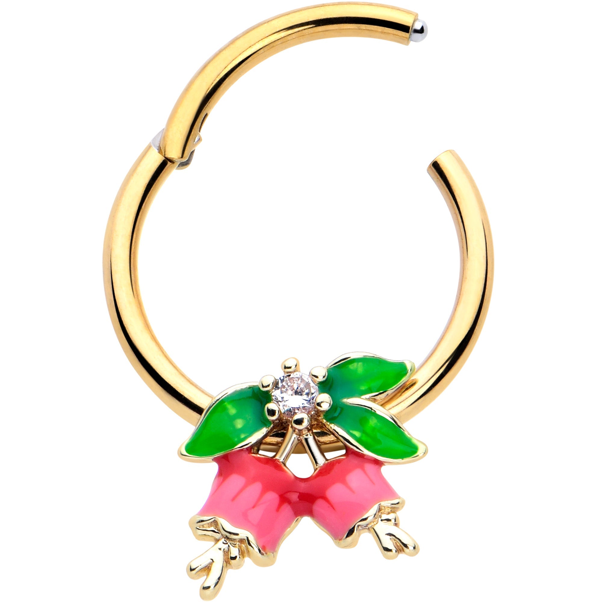 BodyCandy 16G 3/8 Clear CZ Gem Gold Tone Bell Flowers Hinged Segment Ring — detail close-up